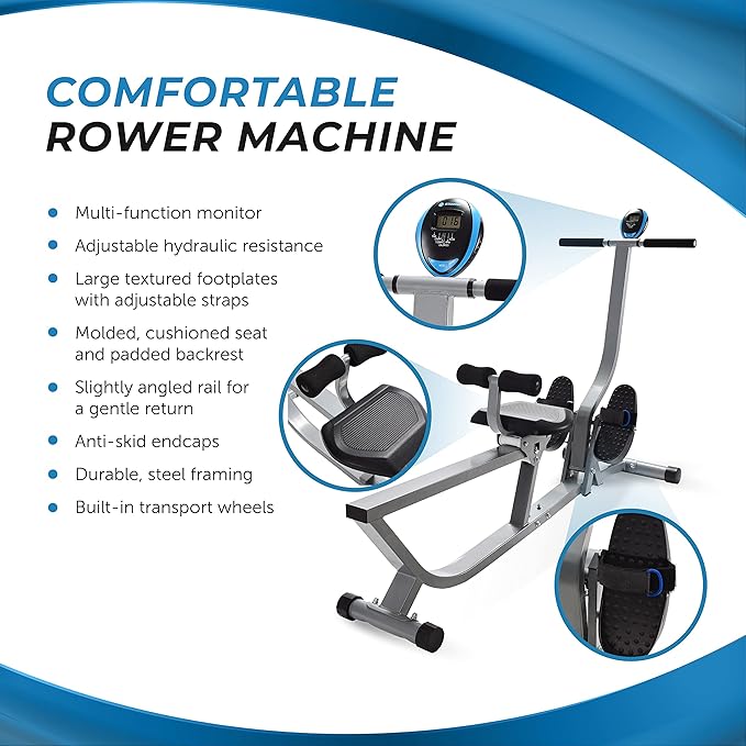 Stamina Hydraulic Rower Machine with Smart Workout App - Rowing Machine with Adjustable Resistance for Home Gym Fitness