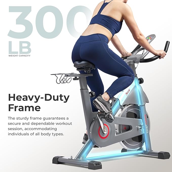 Sunny Health & Fitness Heavy-Duty Indoor Stationary Exercise Bike, 4-Way Adjustable Seat for Cycling Cardio workout at Home, Optional 49 LB Flywheel & Exclusive SunnyFit App Enhanced Bluetooth Link