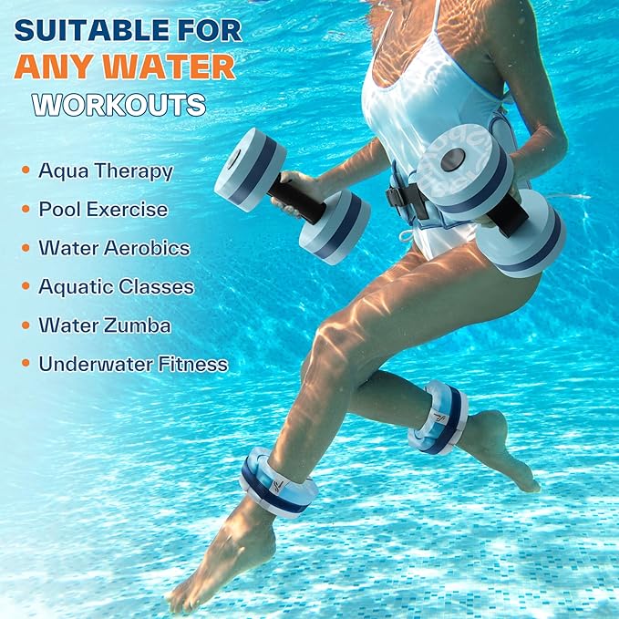 Sportneer Water Aerobics Pool Exercise Equipment New 6-Piece Water Fitness Set Includes High Density Water Weight Swim Belt Water Ankle Weights for Aqua Therapy Pool Fitness Water Exercise