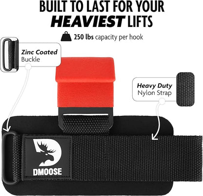 DMoose Fitness Weight Lifting Hooks for Men & Women (Pair) - 8 mm Thick Wrist Padding - Weight Grips for Powerlifting, Shrugs, Rows & Deadlift Support - Gym Lifting Straps with Pull Up Hooks