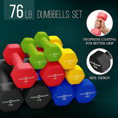 Neoprene Workout Dumbbell Set - Non Slip, Anti Roll Exercise & Fitness Dumbbells Combo - Hex Shaped Hand weights for Men & Women - Ideal for Home Gyms training