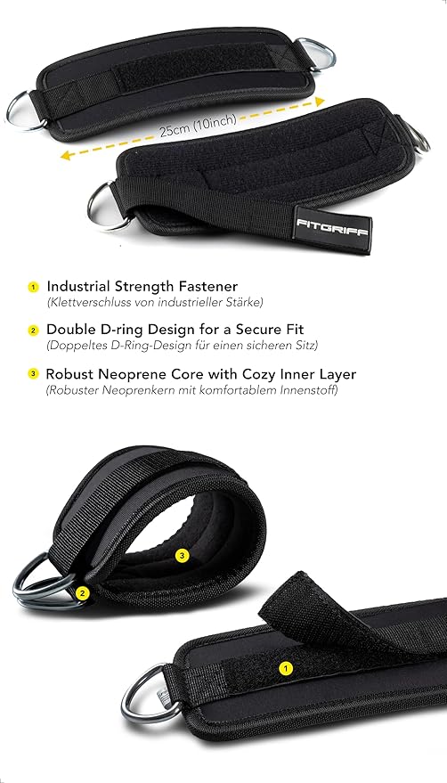 Fitgriff® Ankle Straps V1 for Cable Machine (2 Pieces) - Gym Workout Equipment - Leg Pulley Attachment, Kickback Straps