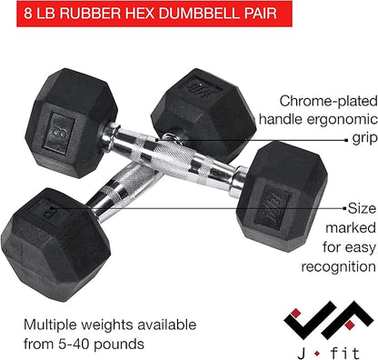 JFIT Rubber Hex Dumbbell - 15 Size, Single and Pair Options, 4-50lbs - Shaped Heads Prevent Rolling and Injury - Ergonomic Hand Weights for Exercise, Therapy, Muscle, Strength and Weight Training