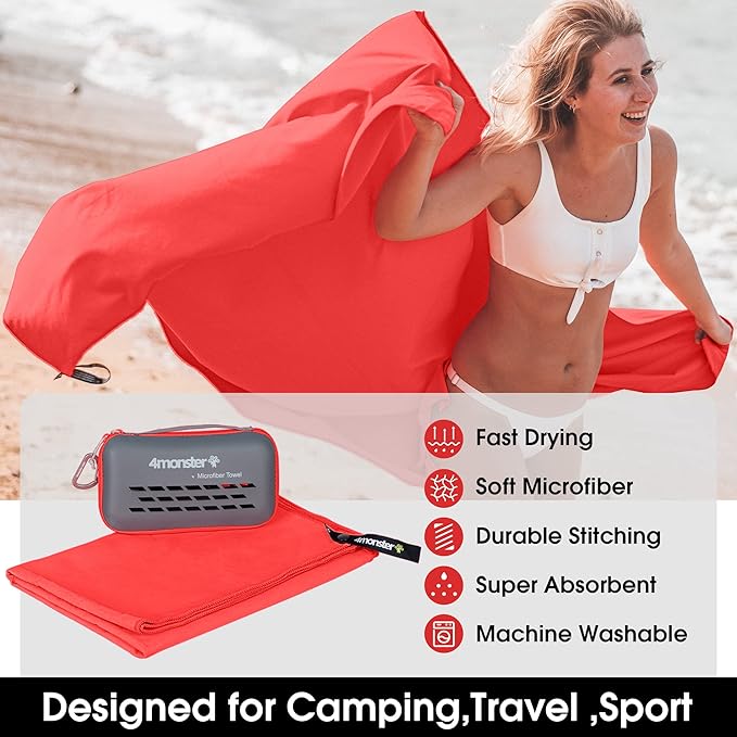 4Monster Camping Towels Super Absorbent, Fast Drying Microfiber Travel Towel, Quick Dry Ultra Soft Compact Gym Towel for Swimming Beach Hiking Yoga Travel Sports Backpack (47.00" x 23.60", Red)