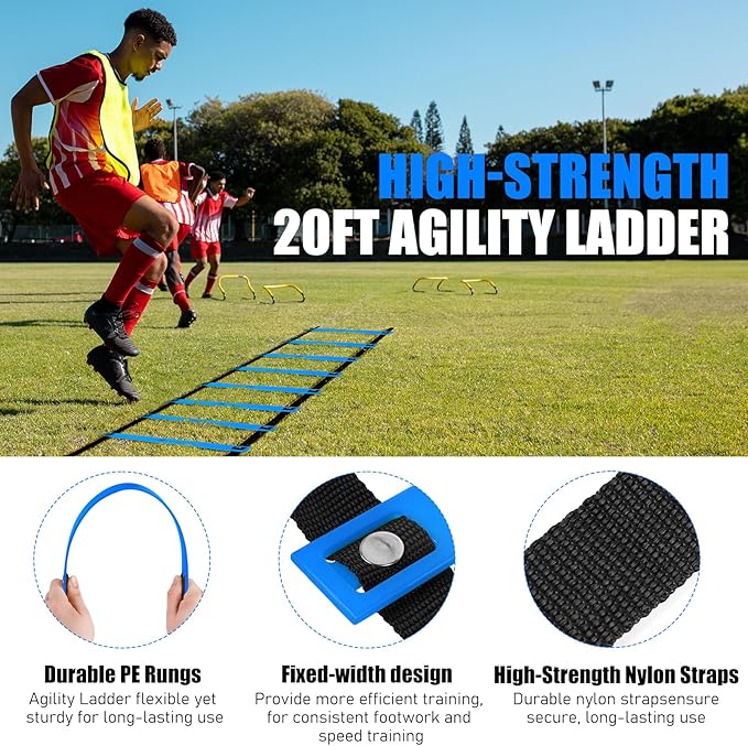 Agility Speed Training Equipment Set - 20ft Speed Ladder 12 Cones, 4 Adjustable 3 Resistance