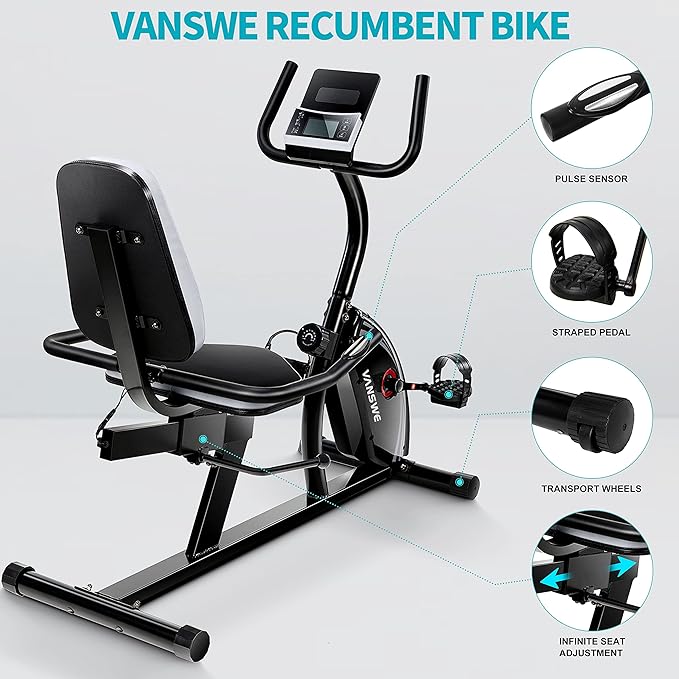 VANSWE Recumbent Exercise Bike for Adults Seniors - Recumbent Bikes for Home with Magnetic Resistance, Bluetooth and App Connectivity, Pulse Sensor