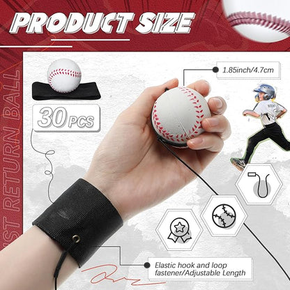 Jerify 30 Pcs Wrist Return Ball on a String Baseball Basketball Soccer Tennis Party Favor Sports Return Wrist Practice Ball on Elastic Cord Rubber Rebound Wristband Ball for Adults