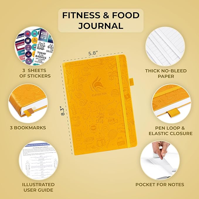 Clever Fox Fitness & Food Journal – Nutrition & Workout Planner for Women & Men – Diet & Gym Exercise Log Book with Calendars, Diet & Training Trackers - Undated, A5 Size, Hardcover (Amber Yellow)