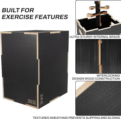 Signature Fitness 3 in 1 Non-Slip Wooden Plyo Box Plyometric Box Jumping Exercise, Multiple Sizes