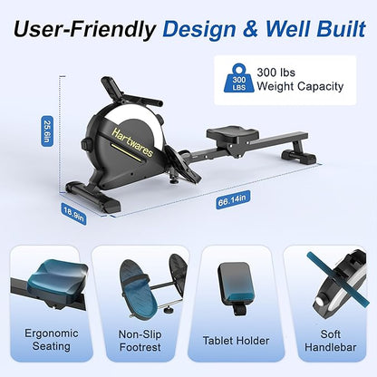 Rowing Machines for Home,Hartwares Magnetic Rowing Machine with 77lbs High Resistance Rowing Machine,16 Levels of Quiet Resistance,Rower Machine for Home Row Machine,App Compatible,LCD Monitor