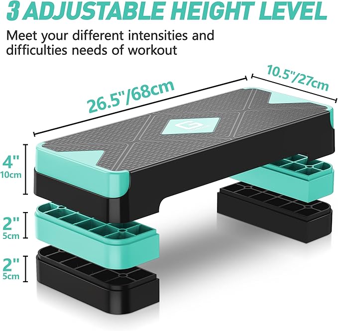 Aerobic Exercise Step, Adjustable Aerobic Stepper for Exercise, Workout Step Platform for Step Up, 26.5" Step Deck with 4” 6” 8” Adjustable Height Risers, Women Home Gym Cardio Fitness