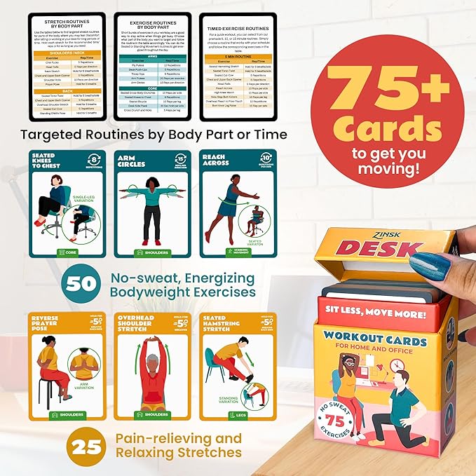 75 Desk Workout Cards – 50 Light Bodyweight Exercises & 25 Stretches for Quick, Easy Chair Routines – 3.5x2.5” Workstation Exercise Deck for Women & Men – No-Sweat Fitness at Home or Office