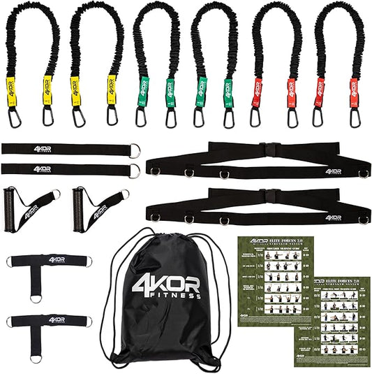 Resistance Cord Strength System, with Interchangeable Handles, Protective Nylon Sleeves, Foot Straps, Anchor Straps, and Carrying Bag. Perfect for Dynamic Warmups, Crossfit, and Rehab - Black Deluxe Edition