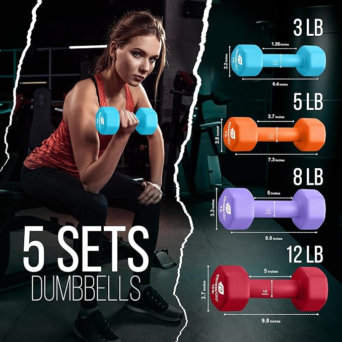 Neoprene Workout Dumbbells - Non Slip, Anti Roll Exercise & Fitness Dumbbells Combo - Hex Shaped Hand weights for Men & Women - Ideal for Home and Gyms training