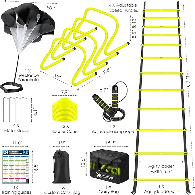 Agility Ladder Speed Training Equipment Set-20ft Agility Ladder 12 Soccer Cones,4 Hurdles,