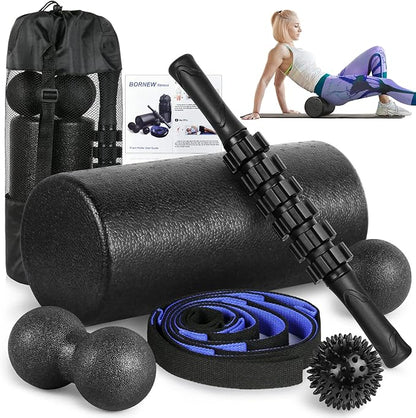 Foam Roller Set - High Density Back Roller, Muscle Roller Stick,2 Foot Fasciitis Ball, Stretching Strap, Massage Ball for Whole Body Physical Therapy & Exercise, Yoga, Back Pain, Leg, Deep Tissue