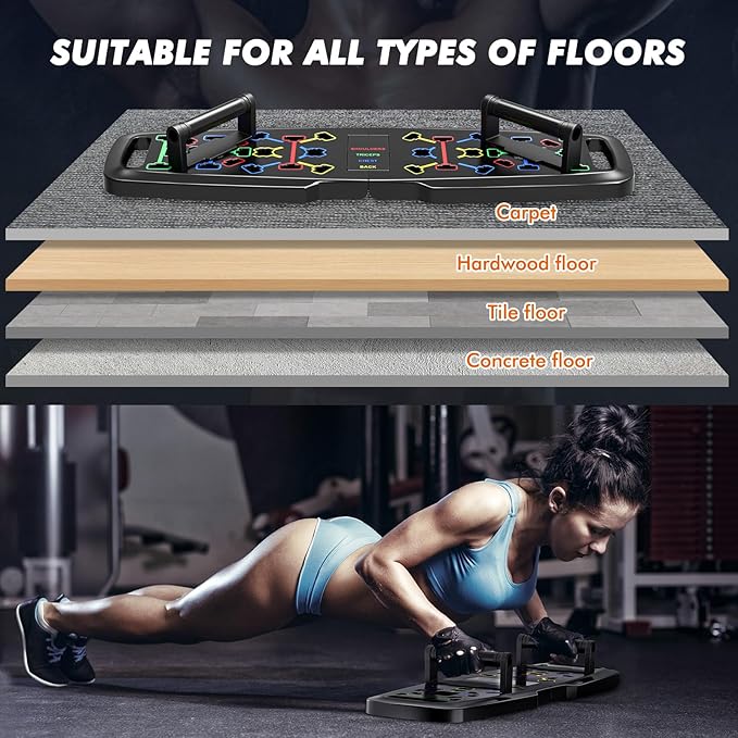 Foldable Push Up Board, Home Gym Push Up Bar, Portable Push up Handles for Floor, Pilates Bar & Fitness Accessories with Resistance Bands for Upper Body Strength Training Full Body Workout