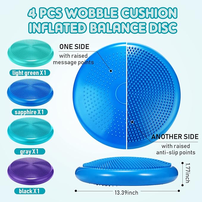 Sotiff 4 Pcs Wiggle Seat Flexible Inflated Wobble Cushion Stability Balance Pad Balance Disc Sensory Seat for Kids Men Women Physical Therapy Fitness Exercise Home School 13.4 Inch