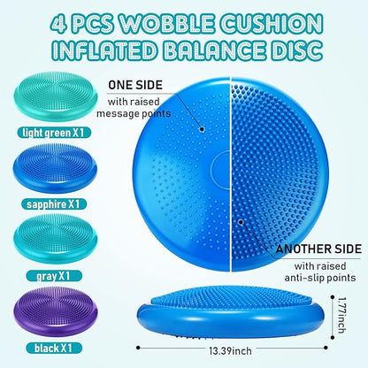 Sotiff 4 Pcs Wiggle Seat Flexible Inflated Wobble Cushion Stability Balance Pad Balance Disc Sensory Seat for Kids Men Women Physical Therapy Fitness Exercise Home School 13.4 Inch