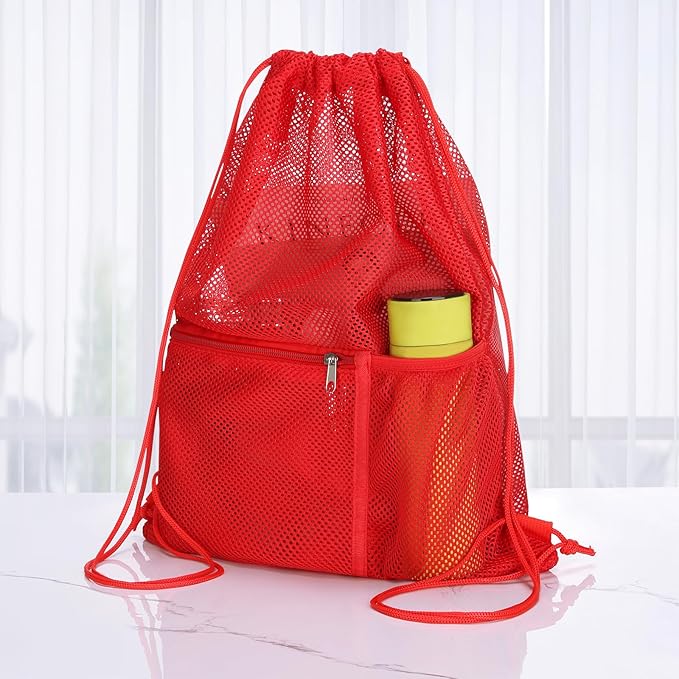 NATURAL STYLE 2 PACK Mesh Drawstring Backpack Bag, Multifunction Mesh Bag for Swimming, Athletic Gym, Clothes, Beach, Swim (Red)