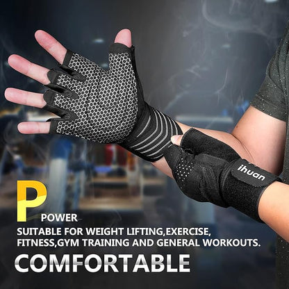 ihuan Ventilated Weight Lifting Gym Workout Gloves with Wrist Wrap Support for Men & Women, Full Palm Protection, for Weightlifting, Training, Fitness, Hanging, Pull ups