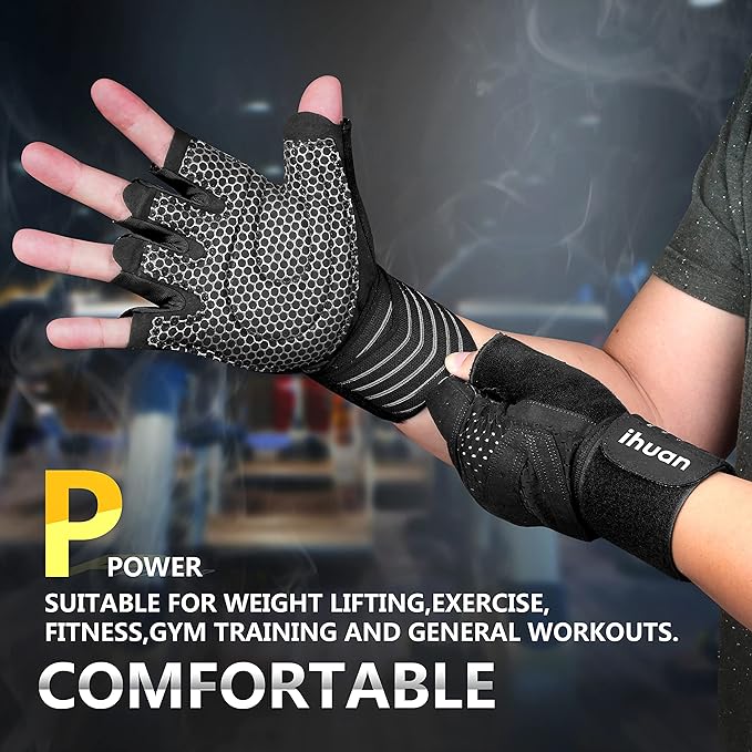 ihuan Ventilated Weight Lifting Gym Workout Gloves with Wrist Wrap Support for Men & Women, Full Palm Protection, for Weightlifting, Training, Fitness, Hanging, Pull ups