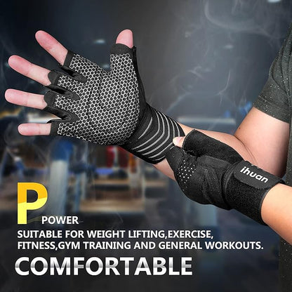 ihuan Ventilated Weight Lifting Gym Workout Gloves with Wrist Wrap Support for Men & Women, Full Palm Protection, for Weightlifting, Training, Fitness, Hanging, Pull ups