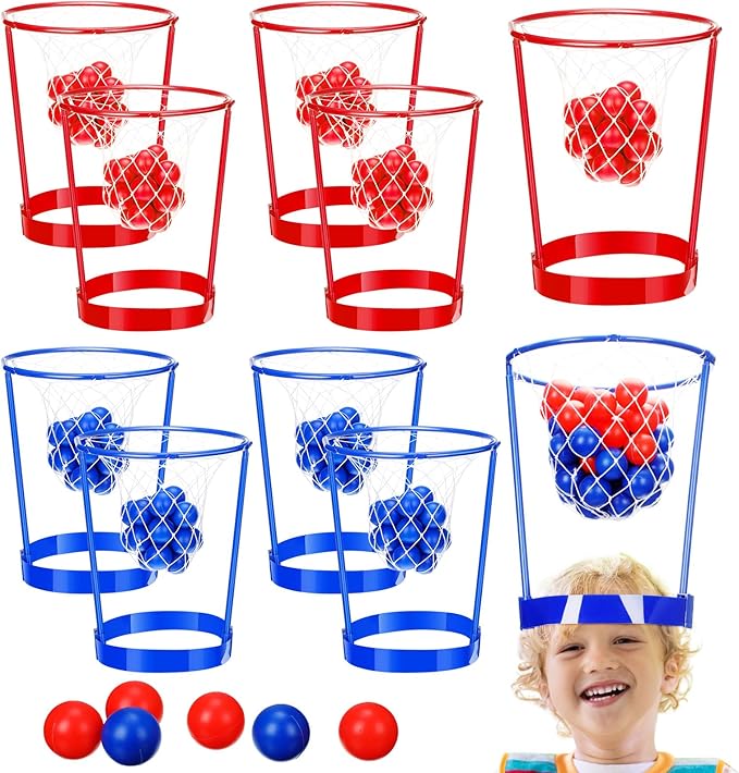 Meooeck 10 Pack Head Hoop Basketball Party Game Set for Adult Carnival Game Adjustable Basket Net Headband with 60 Ball Basketball Party Game for Boy Girl Family Birthday Indoor Outdoor Activity