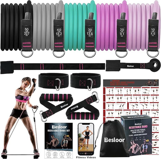 Resistance Band Set. Exercise Bands with Handles, Door Anchor and Ankle Strap. Home Gym, Supports Full-Body Workouts - with Fitness Poster and Video