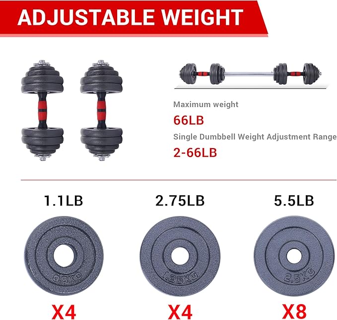 Nice C Adjustable Dumbbells, Barbell Weight Set, Dumbbell Set, Weights Adjustable 22/33/44/66/105 Lbs Home Gym 2 in 1, Anti-Slip Handle, All-Purpose, Office, Fitness