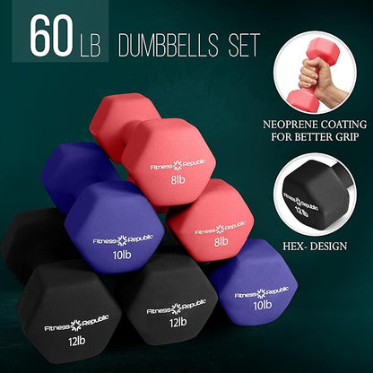 Neoprene Workout Dumbbell Set - Non Slip, Anti Roll Exercise & Fitness Dumbbells Combo - Hex Shaped Hand weights for Men & Women - Ideal for Home Gyms training