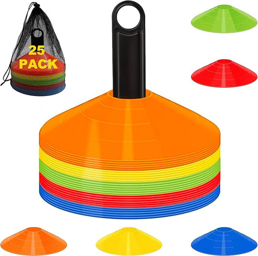 25/50 Pack Disc Cones for Sports, Agility Training Cone for Soccer, Football, Basketball, Coaching, Practice Equipment with Carry Bag and Holder, 5 Color