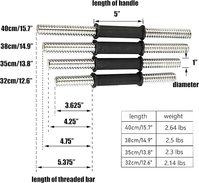 Threaded Dumbbell black Durable Rubber Handles/Adjustable Dumbbell Bar 32/35/40cm(12.6/14.2/15.7Inch) - 1 inch