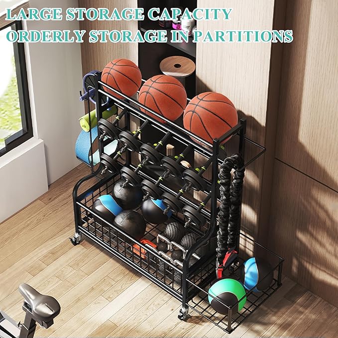 Dumbbell Rack, Weight Rack for Kettlebells, Storage Holder for Yoga and Workout Equipment, Home Gym Storage Rack with Wheels and Hooks