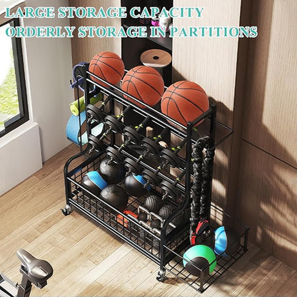 Dumbbell Rack, Weight Rack for Kettlebells, Storage Holder for Yoga and Workout Equipment, Home Gym Storage Rack with Wheels and Hooks