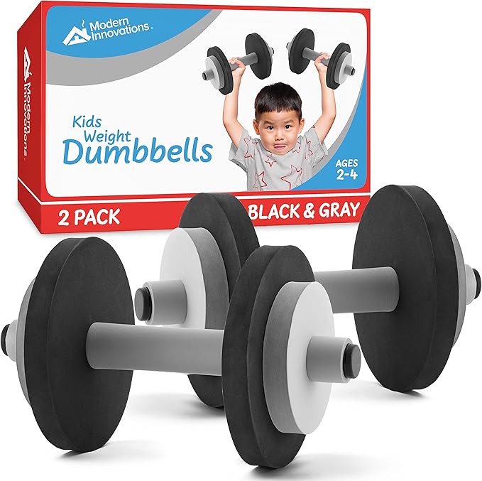 Modern Innovations Kids Weight Set (2 Pack) Toy Dumbbells, Baby Dumbbell Workout Weights, Fun Fitness and Exercise Equipment for Toddlers - Black & Gray…