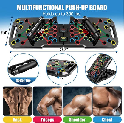 Push Up Board, Portable Home Gym Exercise Equipment, Pilates Bar & 20 Fitness Accessories with Resistance Bands for Full Body Workout