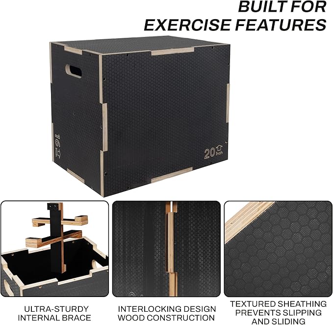 Signature Fitness 3 in 1 Non-Slip Wooden Plyo Box Plyometric Box Jumping Exercise, Multiple Sizes