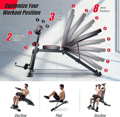 Adjustable Weight Bench, Multi-function Preacher Curl Bench for Home Gym, Foldable Leg Extension and Leg Curl Machine, weight capacity 660LBS.