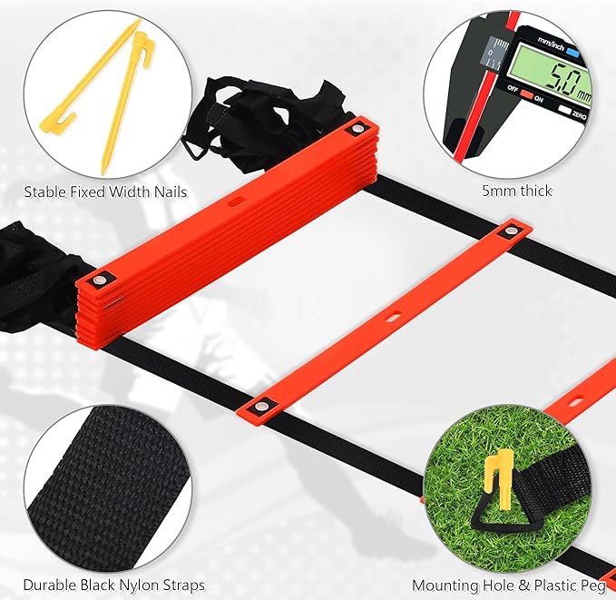 Fixed Rung Agility Ladder 丨20ft 12 Rungs No Tangle Spped and Agility Training Equipment Footwork Ladder with Carrying Bag/Ground Stakes for Adults Youth Kids