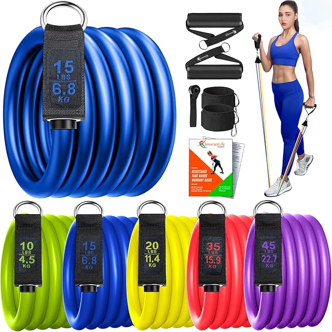 SmarterLife Resistance Bands for Working Out, Physical Therapy - Workout Bands for Women, Men - Tone Arms, Legs, Chest, Booty - 5 Exercise Bands with Handles, Ankle Straps, No-Slip Door Anchor, & Bag