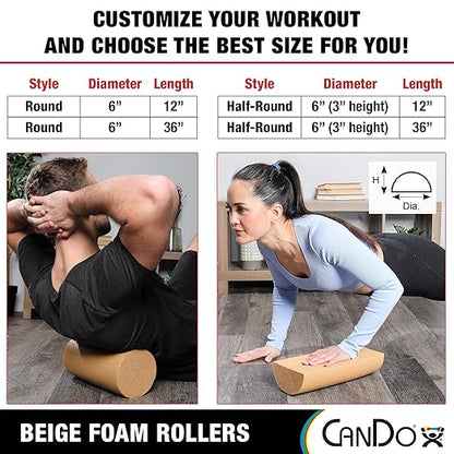 CanDo Beige PE Foam Rollers for Muscle Restoration, Massage Therapy, Sport Recovery and Physical Therapy 6" x 36" Half-Round