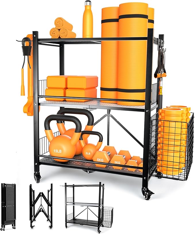 London & Byrd - Assemble in Minutes - Home Gym Storage Rack. Steel Construction, Heavy Duty Wheels, with Basket and Hooks. Great for Yoga mat Storage, Kettlebell Storage, and Small Dumbbell Storage.