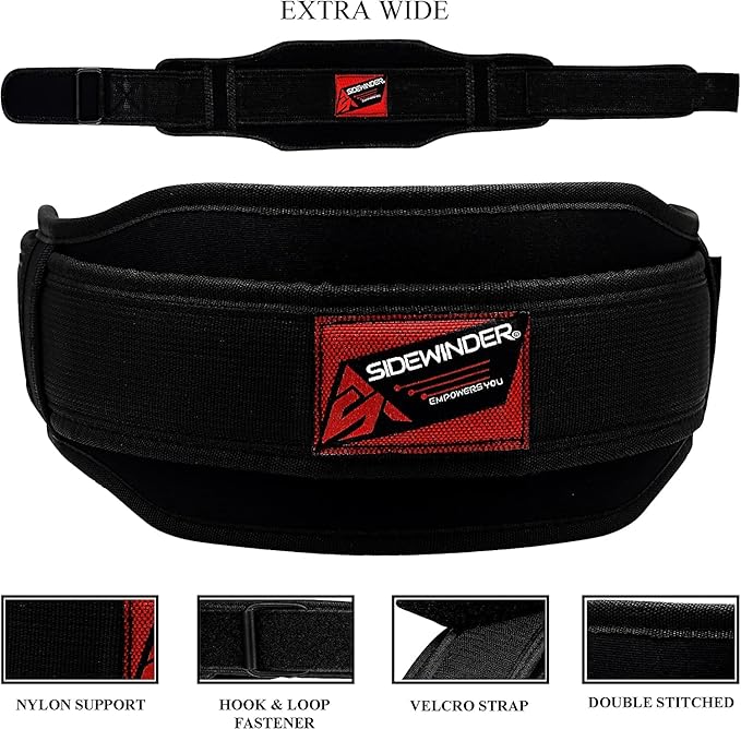 SideWinder Weight Lifting Belt for Serious Crossfit, Powerlifting Gym Training Fitness Workout Deadlifts Double Padded Back Support