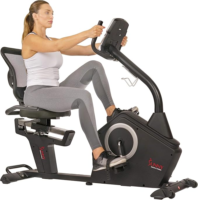 Sunny Health & Fitness Programmable 16 Levels Electro-Magnetic Resistance Recumbent Exercise Bike with 24 Pre-Build Workouts and 300 lbs Weight Capacity, Optional Bluetooth w/Exclusive SunnyFit App