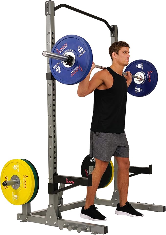 Sunny Health & Fitness Power and Squat Rack with High Weight Capacity Optional Olympic Weight Plate Storage, 360° Swivel Landmine, Power Band Attachment