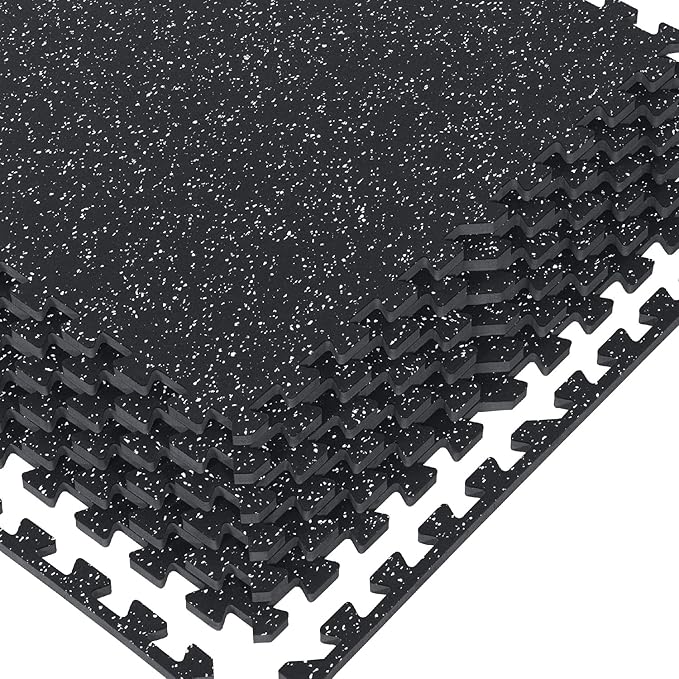 1/2in Thick 48 Sq Ft Rubber Top High Density EVA Foam Exercise Gym Mats Non-slip 12 Pcs - Interlocking Puzzle Floor Tiles for Home Gym Heavy Workout Equipment Flooring - 24 x 24in Tile, Black & White