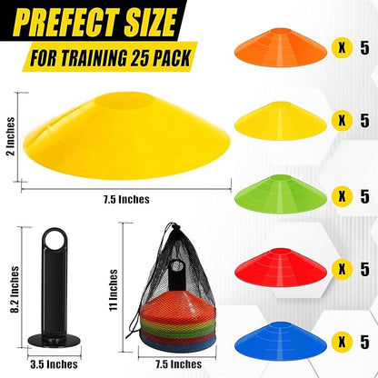 25/50 Pack Disc Cones for Sports, Agility Training Cone for Soccer, Football, Basketball, Coaching, Practice Equipment with Carry Bag and Holder, 5 Color