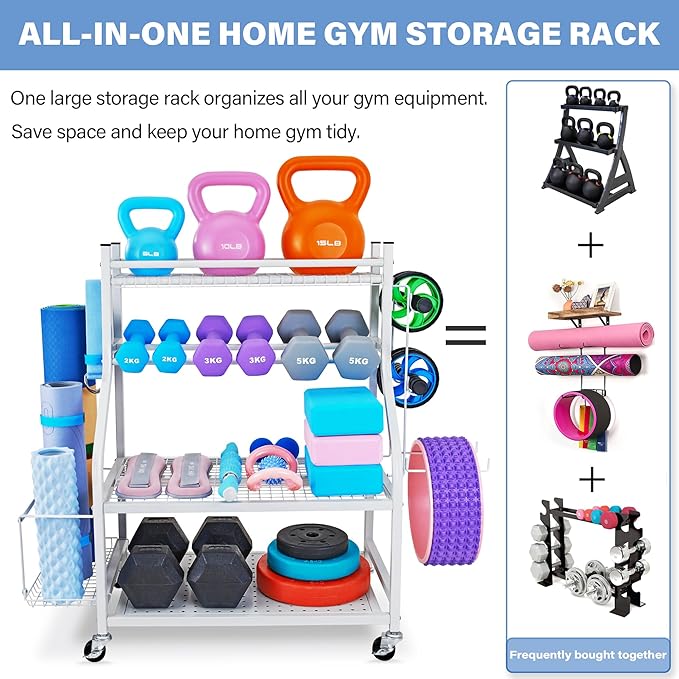 Dumbbell Rack, Yoga Mat Storage Rack - Weight Rack for Dumbbells, Home Gym Storage Rack for Yoga Mat, Dumbbells and Kettlebells, All in One Workout Equipment Storage with Caster Wheels