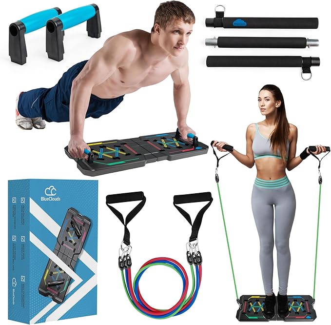 BlueClouds Push Up Board and Pilates Bar Kit - Color Coded Foldable Pushup Board Fitness Tool - Reinforced Aluminum Resistance Band Bar - At Home Gym Accessories for Men and Women - Portable Gym